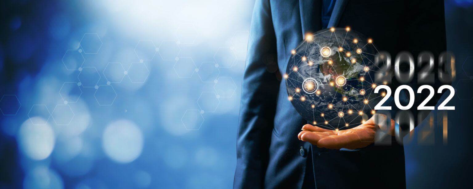 Trends of online connection metaverse businesses in 2022, hand of businessman holding world of the internet technology network.